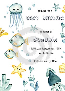 Watercolor baby shower with underwater creatures, jellyfish, squid, fish, seaweed