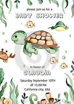 Watercolor baby shower with underwater creatures, sea turtle, fish, algae