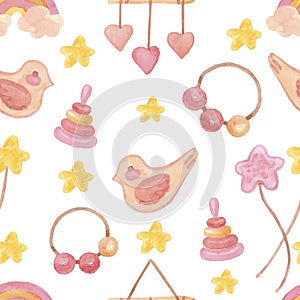 Watercolor baby toys pattern. It's a girl set