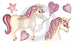 Watercolor Baby Unicorn clipart. Little pink horse animal illustration, hearts and balloon, Magic  Forest animal clip art, baby