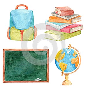 Watercolor back to school set with globe, board, backpack and books set isolated on white background