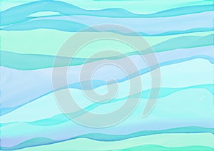 Watercolor background of abstract wavy lines in flowing bright pastel colors of green blue and purple, waves of soft blurred textu