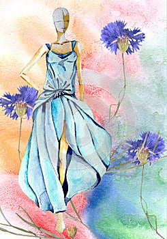 Watercolor background with blue flower and sketh model photo