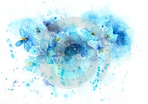 Watercolor background of blue flowers
