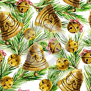 Watercolor background with Christmas bell decoration