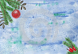 Watercolor background christmas with fir branches, rowan leaves and ball in corner border decoration design