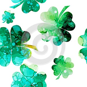 Watercolor background with clover. Happy St. Patrick`s Day. mixed media. Seamless background. Vector illustration
