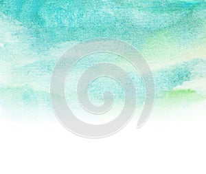 watercolor background with color splashes, soft turquoise and green colors on white