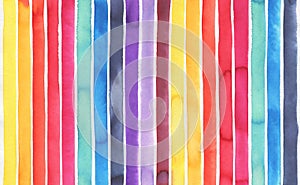 Watercolor background with colorful stripes of various colors: yellow, orange, red, rose, turquoise, blue, navy, violet, lilac.