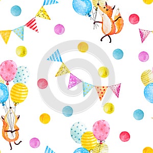 Fox with balloons watercolor background