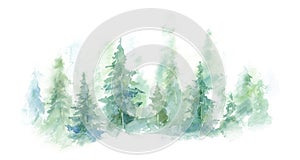 Green landscape of foggy forest, winter hill. Wild nature, frozen, misty, taiga. watercolor background photo