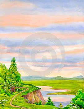 Watercolor background with evening scenery