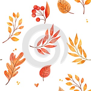 Watercolor background with fall leaves, acorns, berries. Forest design elements. Hello Autumn! Seamless pattern in warm colors.