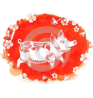 Watercolor Background with Floral Pig, Zodiac Symbol of 2019 Year, Blossom Sakura Flowers