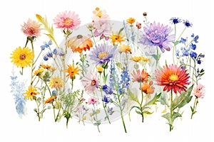 watercolor background of flowers, set of flowers on white, AI generated