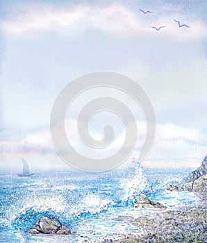 Watercolor background with foaming surf from the rocky shore