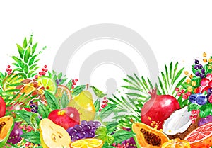 Watercolor background of fresh fruit and berries