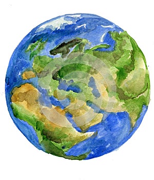 Watercolor background of Globe with Europe and oceans in foreground