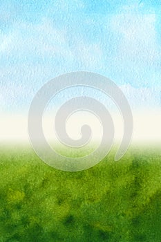 Watercolor background is green and blue gradient. Sky with clouds and Green meadow with grass