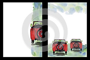 Watercolor background with the image of a retro car, A4 format, hand drawing, form template