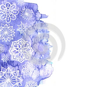 Watercolor background of lilac with white snowflakes