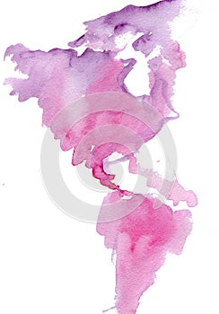 Watercolor background of map of North America in purple and pink