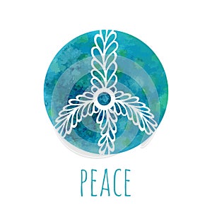 Watercolor background with peace sign. Music and love concept with hand-drawn doodle ornament. Hippie vector