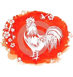 Watercolor Background with Rooster, Zodiac Symbol of 2017 Year
