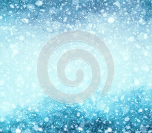 Watercolor background with sky, heavy snowfall, snowflakes in different shapes and forms, snowdrifts