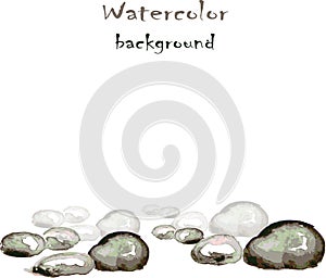 Watercolor background with stones on white