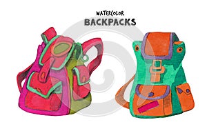 Watercolor backpack illustration. Hand painted school backpack isolated on white background