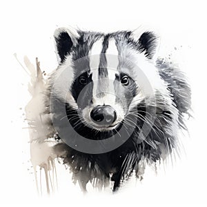 Watercolor Badger Portrait On White Background