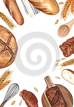 Watercolor bakery background. Bread and pastry collection. Bread house handmade illustration. Painted isolated organic