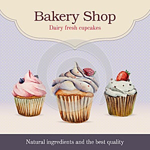 Watercolor bakery shop advertisement with cupcake