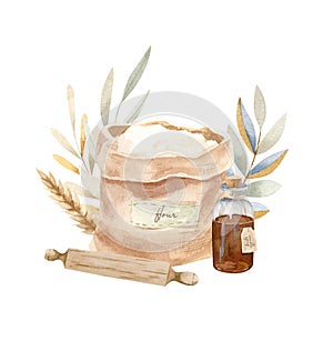 Watercolor baking illustration - composition of flour sack, rolling pin