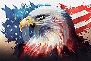 Watercolor bald eagle with american flag. Generative ai