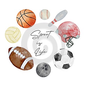Akvarel guľa športové ilustrácie guľa športové. šport je život 