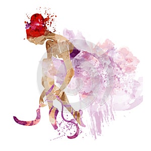 Watercolor ballerina in pink shoes ties