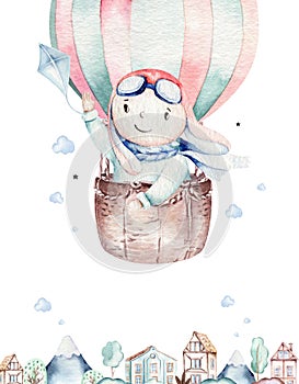 Watercolor balloon set baby cartoon cute pilot aviation illustration. sky transport balloons with giraffe and elephant