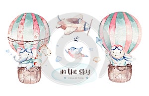 Watercolor balloon set baby cartoon cute pilot aviation illustration. sky transport balloons with giraffe and elephant