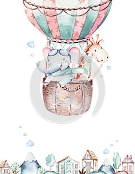 Watercolor balloon set baby cartoon cute pilot aviation illustration. sky transport balloons with giraffe and elephant