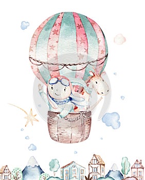 Watercolor balloon set baby cartoon cute pilot aviation illustration. sky transport balloons with giraffe and elephant