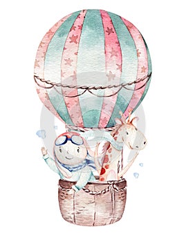 Watercolor balloon set baby cartoon cute pilot aviation illustration. sky transport balloons with giraffe and elephant