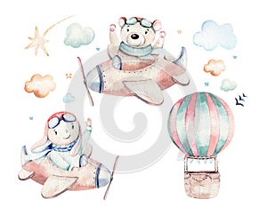 Watercolor balloon set baby cartoon cute pilot aviation illustration. sky transport balloons with giraffe and elephant