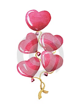 Watercolor balloons in the form of a heart on golden cords, symbolizing love.