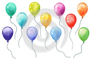 Watercolor balloons on white. hand panted separate balloons with bright various colors photo