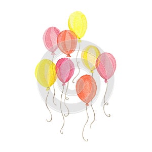 Watercolor balloons. Red, orange and yellow balloons. Hand-drawn illustration isolated on white.