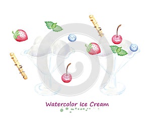 Watercolor balls of ice cream in vase with berries and mint.