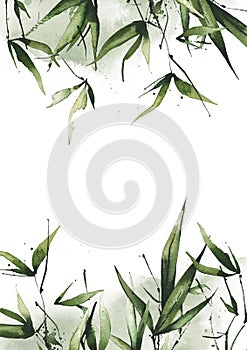 Watercolor bamboo greenery vertical rectangular frame. Green exotic branches, leaves and twigs.