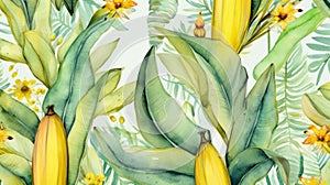 Watercolor Bananas And Flowers Seamless Pattern